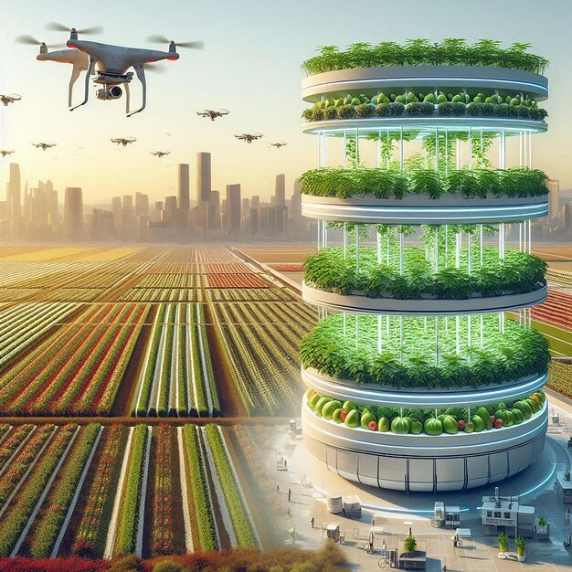 Photo a drone flying over a large building with a plant growing on it