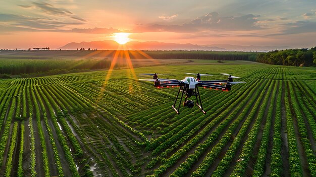 A drone flying above lush green fields during sunset Agriculture technology concept