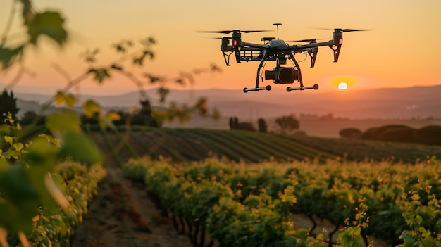 A drone flying above lush green fields during sunset Agriculture technology concept