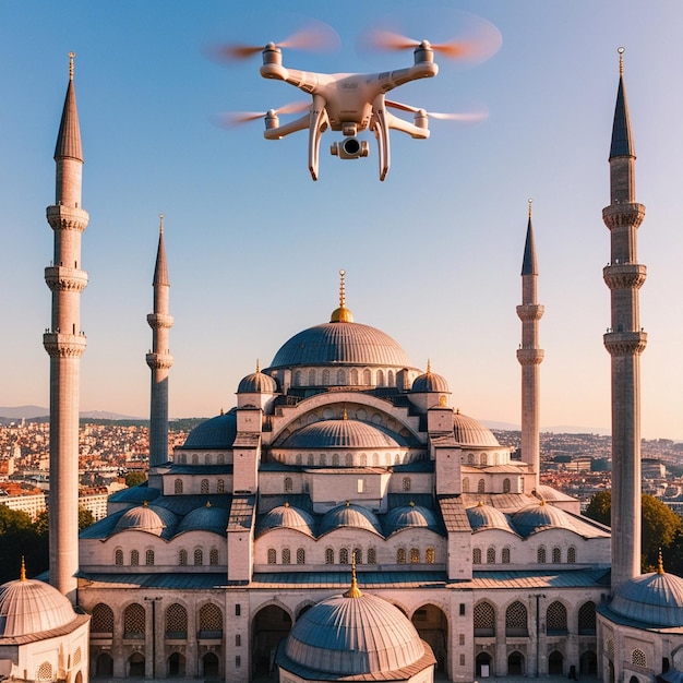 Photo a drone flying over a mosque with a blue mosque in the background