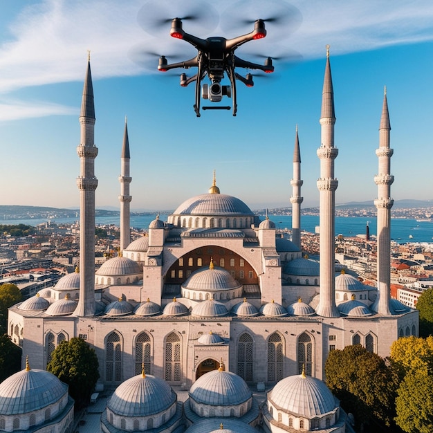 Photo a drone flying over a mosque with a blue sky in the background