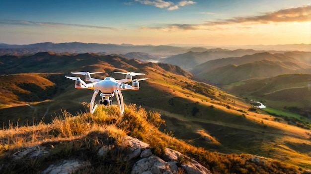 drone flying over a mountain with the sunset in the background