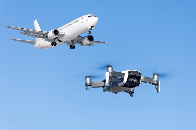 Drone flying near commercial airplane in the airport