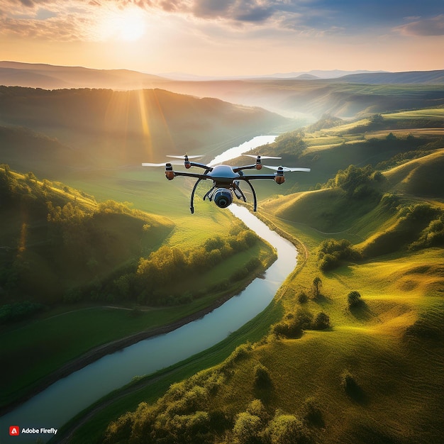 Photo a drone flying over a river with a sunset in the background