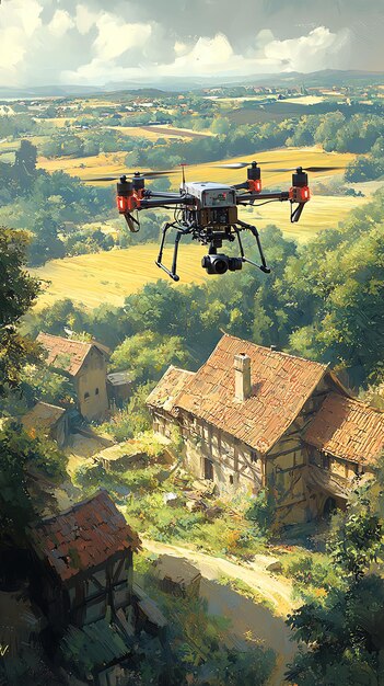 Photo drone flying over rural village with houses and fields