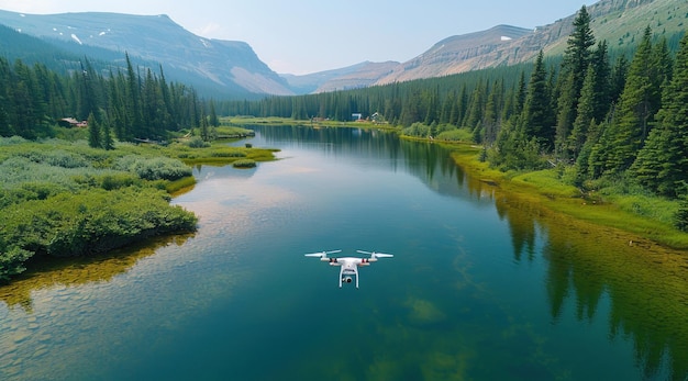 Photo drone flying over a serene mountain lake