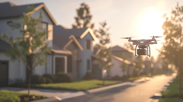 Drone flying over a suburban neighborhood at sunset