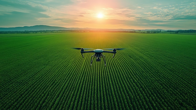 Photo a drone flying over a vast green field at sunset capturing aerial footage with a scenic horizon