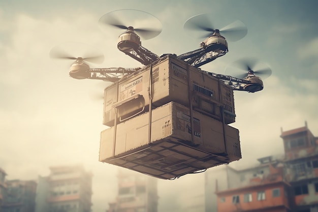 A drone flying with a box that says cargo on it.