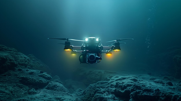 Photo a drone is capturing footage above a rocky reef in the vast ocean