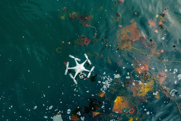 Photo a drone monitoring ocean pollution levels from abo generative ai