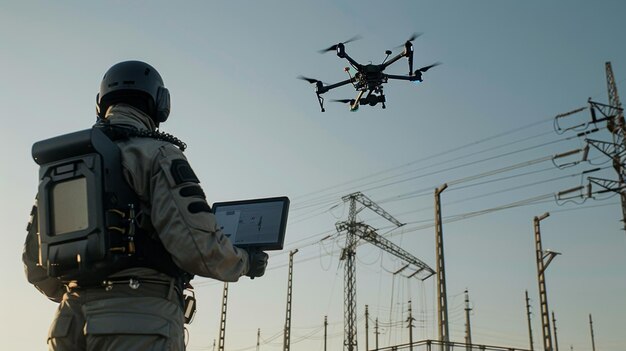 Drone operator controlling uav in industrial setting