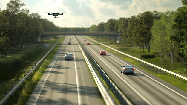 Photo a drone performing surveillance along a highway highlighting its discreet nature and advanced technology