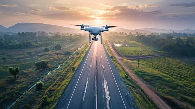 a drone performing surveillance along a highway highlighting its discreet nature and advanced technology