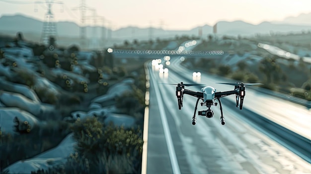 a drone performing surveillance along a highway highlighting its discreet nature and advanced technology