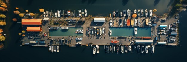 Photo drone perspective of a boat storage facility on a lake showcasing boats neatly arranged on trailers and docks