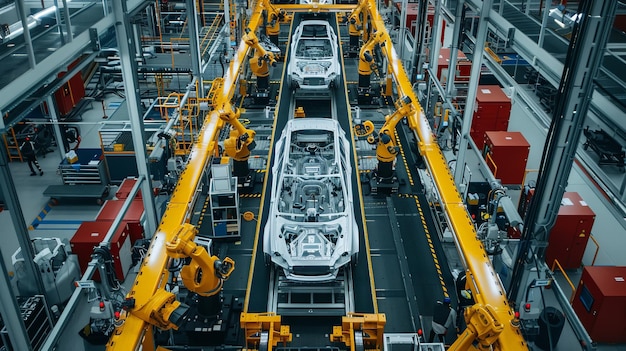 Photo drone perspective of a massive car manufacturing plant the assembly line visible with robots and workers assembling vehicles in sync