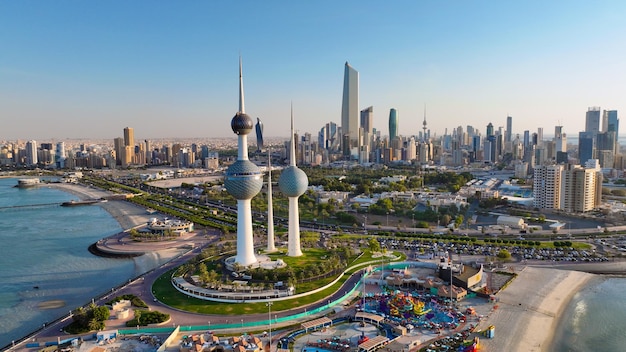 Photo drone photo of kuwait city and kuwait tower from the sky