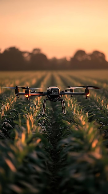 Drone Photo Surveying Corn Field at Sunset