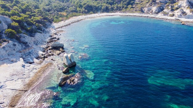 Drone photograph in the field of sail rocks in Foca district of Izmir province. Yelkenkaya - Foca