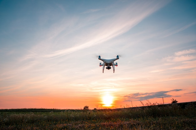 Drone quad copter on green corn field