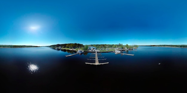 Drone shoot scenic panoramic view of the river and the pier aerial view