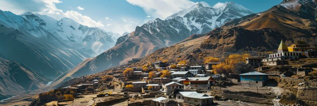 a drone shot of a picturesque mountain village with snowcapped peaks in the background