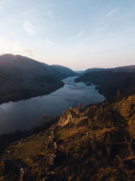 Drone shot of Raven Crag and Thirlmere reservoir at the Lake District in England