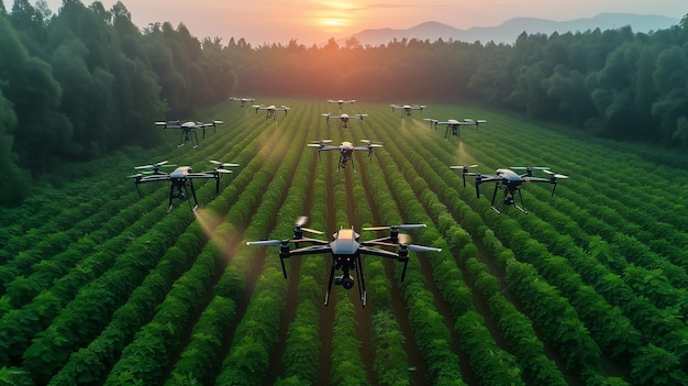 Photo drone spraying crops at sunrise in a green field