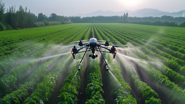 Drone Spraying Water on Crops in Field