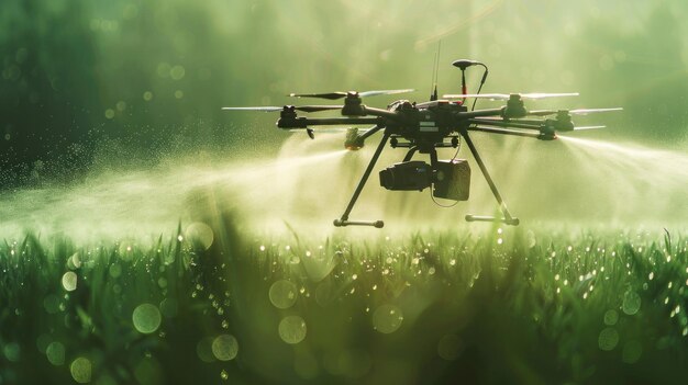 Photo drone spraying water on lush green field