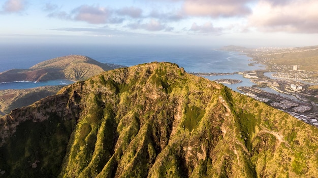 Drone sunrise view of koko head mountain with hawaii kai in the background oahu hawaii usa