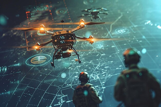 Photo drone surveillance over urban area with two soldiers monitoring mission