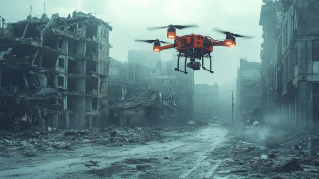 Photo drone surveillance in a wartorn city