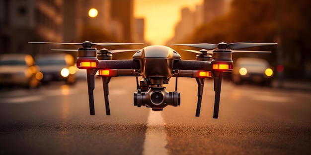 A drone surveilling city streets for security and surveillance purposes Concept Drone Technology Urban Surveillance Security Measures Privacy Concerns