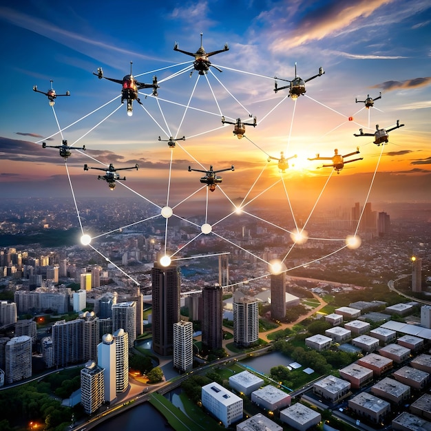 Drone swarm in formation flight demonstrating precision aerodynamics and control systems