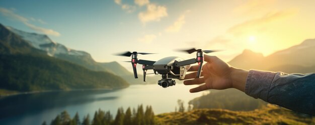 Drone technology landing in human hand in nature panorama Generative Ai