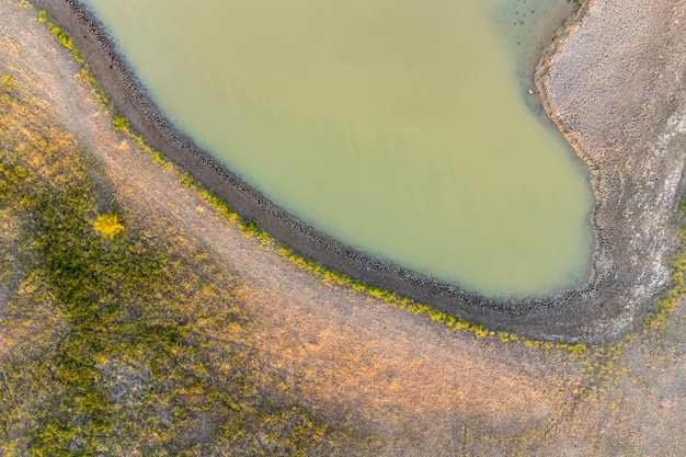 Drone top view of swamp Swampy landscape View of an marsh from height Aerial photography