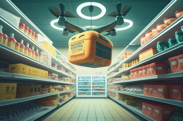 Drone transports a basket of groceries in a futuristic supermarket Generative AI