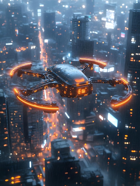 Photo a drone or unmanned aerial vehicle hovers above a busy metropolis in the future perfect for advertisements films business presentations to highlight the cuttingedge and future smart city concept