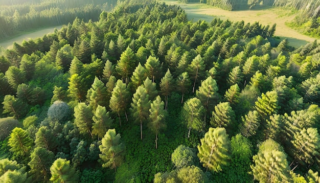 Drone view of amazing green forest with trees and bushes growing in countryside