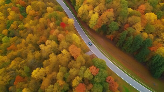 Drone view autumn forest road Illustration AI GenerativexA