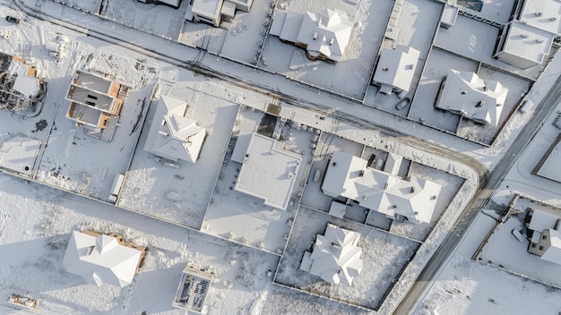 Drone view of a city covered by snow