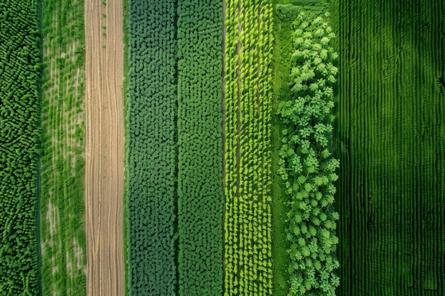 Photo drone view of crop rotation layout emphasizing sustainable farming techniques