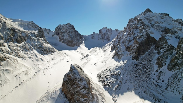 Drone view of the high snowy peaks of Kazakhstan