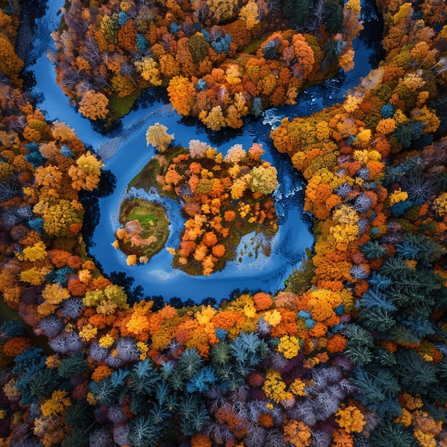 Photo drone view of a meandering river through an autumn forest