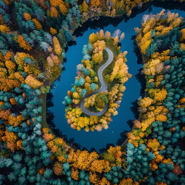 Photo drone view of a meandering river through an autumn forest