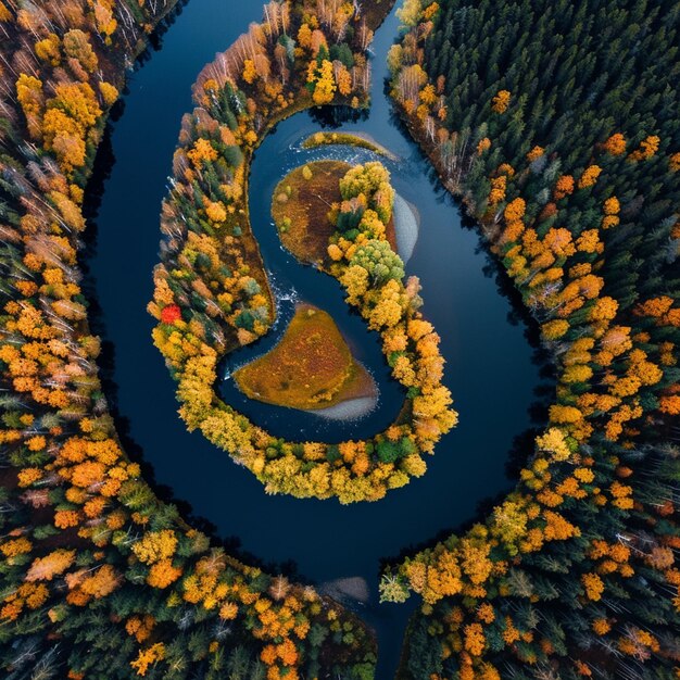 Photo drone view of a meandering river through an autumn forest