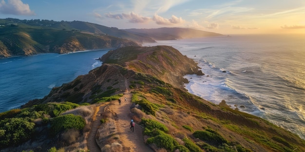 a drone view of a scenic coastal trail with hikers enjoying the ocean views