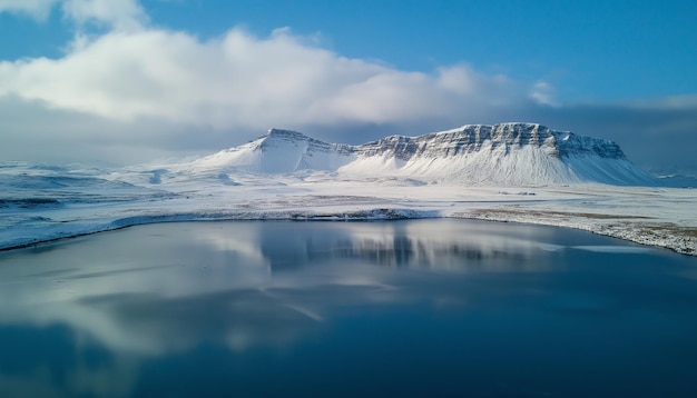 Photo drone view of snowy mountain range located near lake in winter in iceland